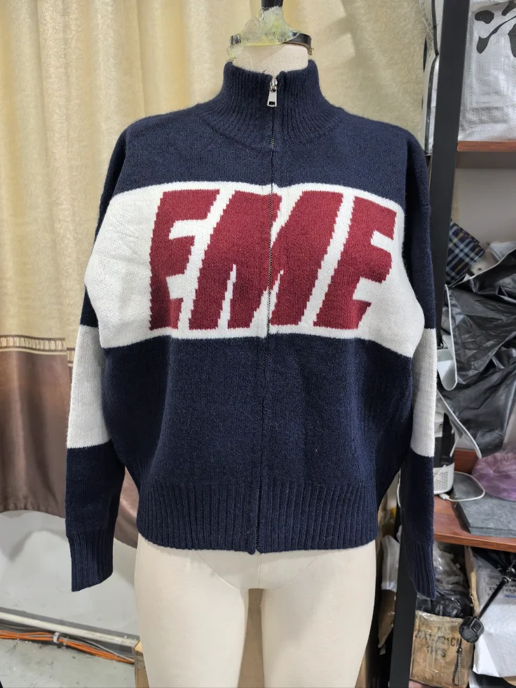 Herbst Vintage Strick-Kurzpullover für Damen, Schicker Doppelreißverschluss Hochkragen Patchwork-Cardigan, Neuer Pendler-Streetwear-Stil – Detail 4