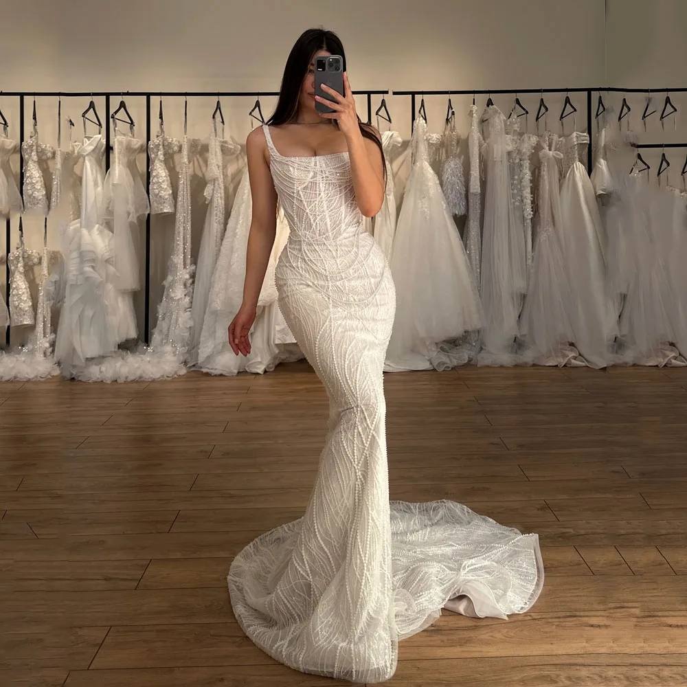 

MCDV Beaded Luxuries Wedding Dress Spaghetti Straps Mermaid Pearls Shiny Bride Gown For Women 2026 hochzeitskleid Customized