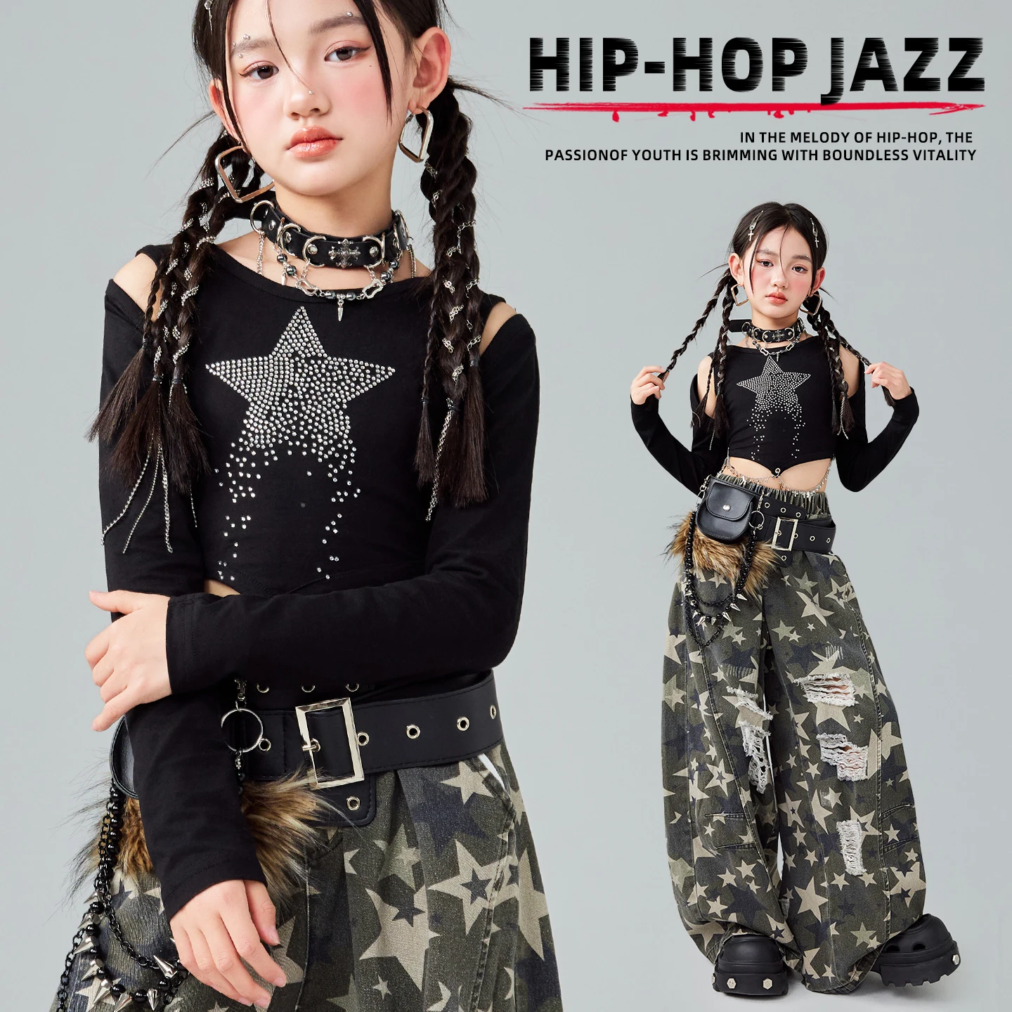 2026 الأطفال الهيب هوب أزياء رقص للفتيات المحاصيل القمم السراويل التمويه Kpop وتتسابق الحديثة الجاز الرقص مرحلة الملابس DQS21703