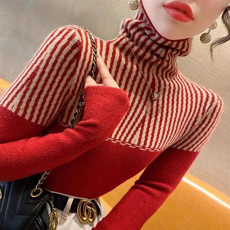 Autumn Winter Fashion All-match Half High Collar Long Sleeve Pullovers Women Clothing Elegant Slim Striped Knit Sweater Chic Top