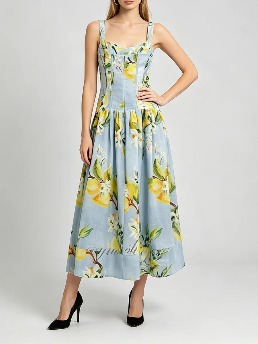 TWOTWINSTYLE Colorblock Slimming Spliced Printing Dress for Women Square Neck Sleeveless Patchwork Zipper Midi Dresses Female