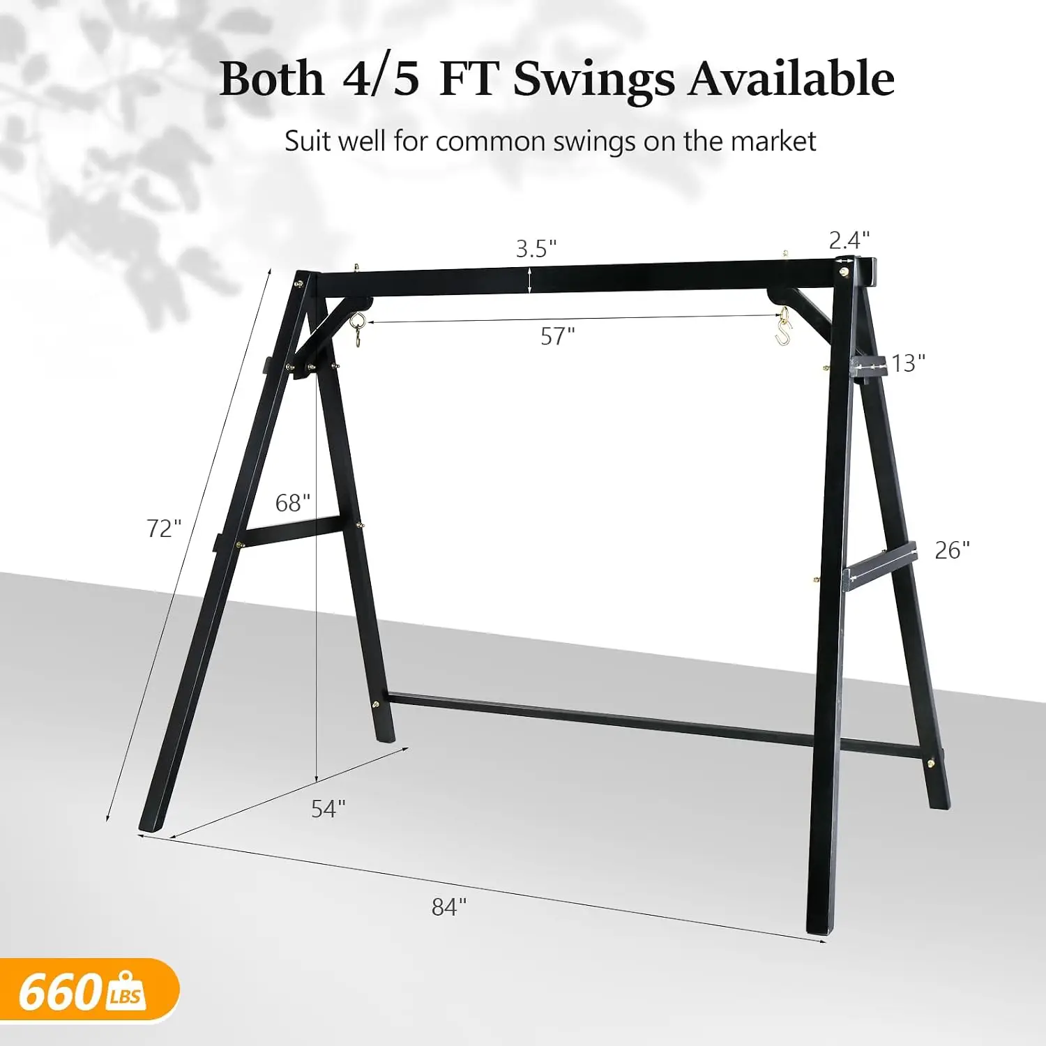 5 FT Outdoor Porch Swing with Frame, Heavy Duty 880 LBS Patio Hanging Swing with Stand for Backyard & Garden, Black, Customized