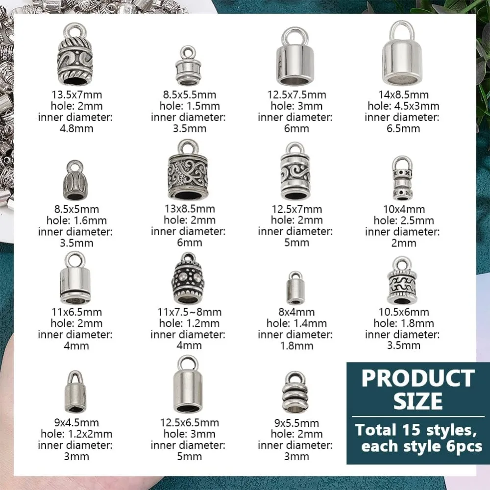 90PCS Cord End Caps 15 Styles Leather Tassel Cap Alloy Tube Barrel End Tip Cord Link Buckle Glue-in End Cap for DIY Kumihimo
