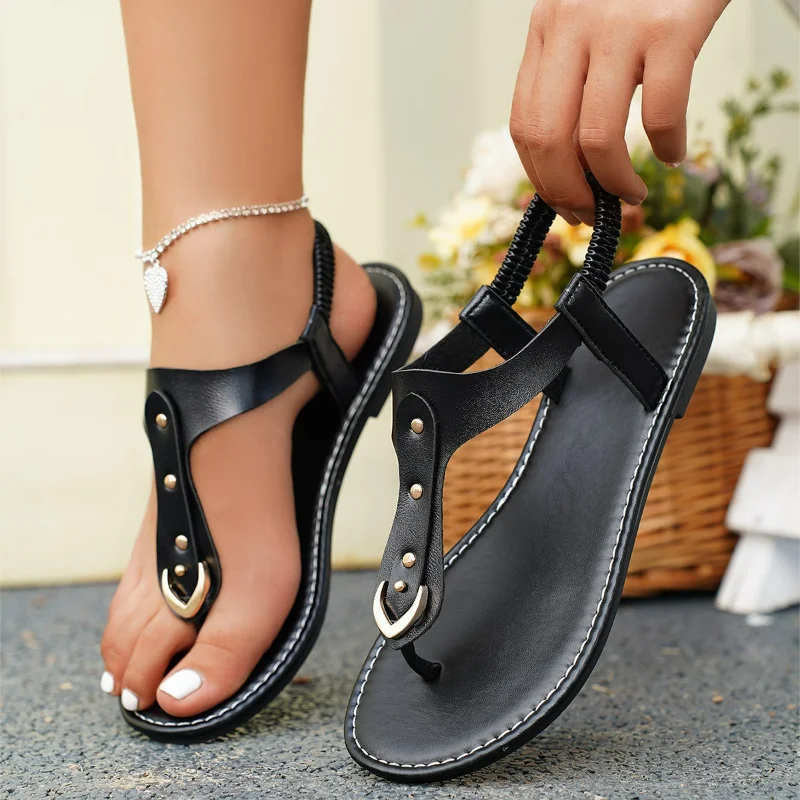 2025 New Women's Black Leather Thong Sandals - Perfect for Summer Casual Wear with Fashionable Metal Decor Large size 36-43
