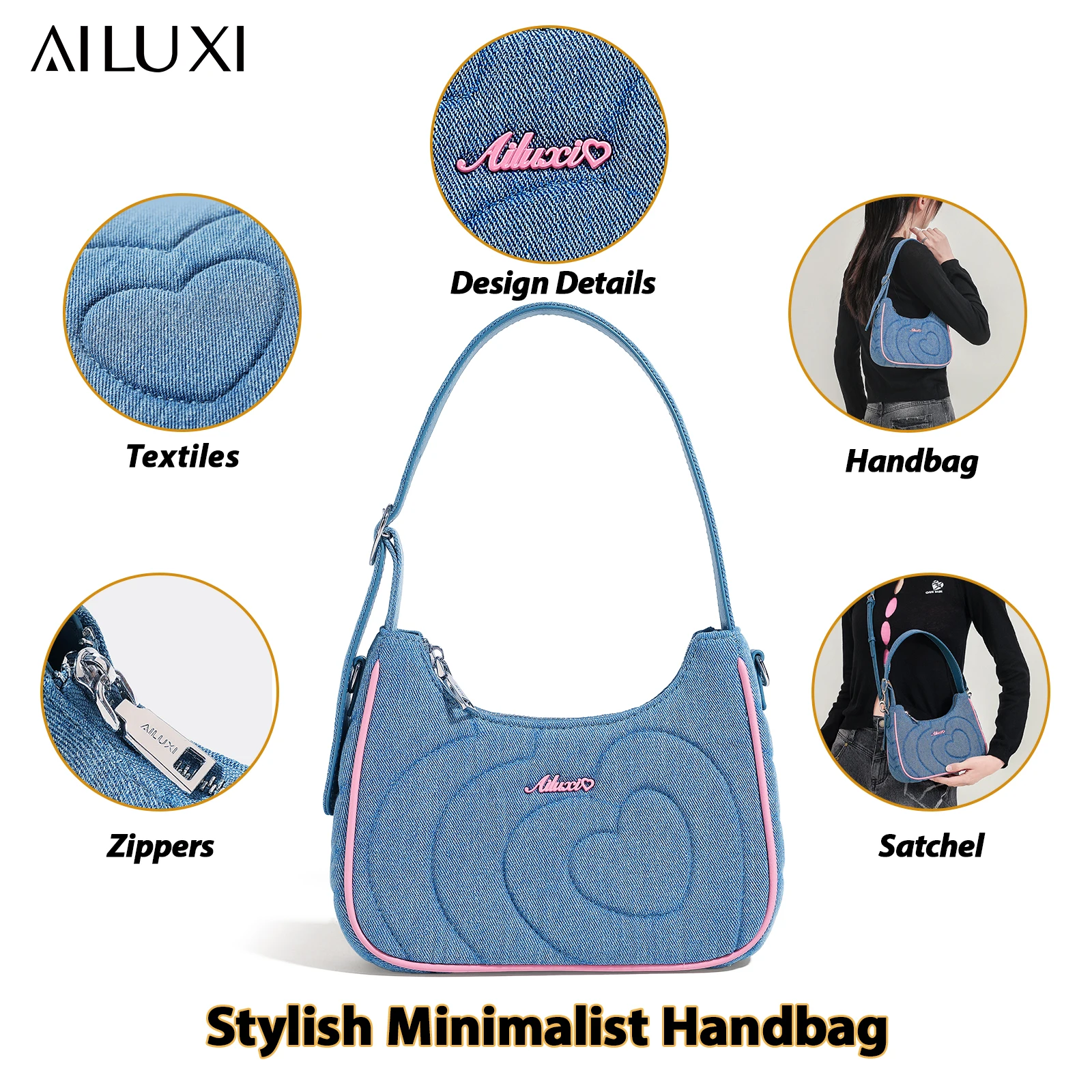 AILUXI Shoulder Bag Women Spring 2024 New Valentine\'s Day Love Embroidered Thread Cowboy Underarm Single Shoulder Crossbody Bag