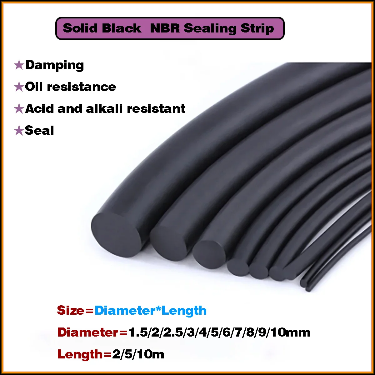 

Diameter=1.5/2/2.5/3/4/5-10mm Solid Black NBR Sealing Strip Oil Resistance Nitrile Rubber Round Strip NBR Strip Length=2/5/10m