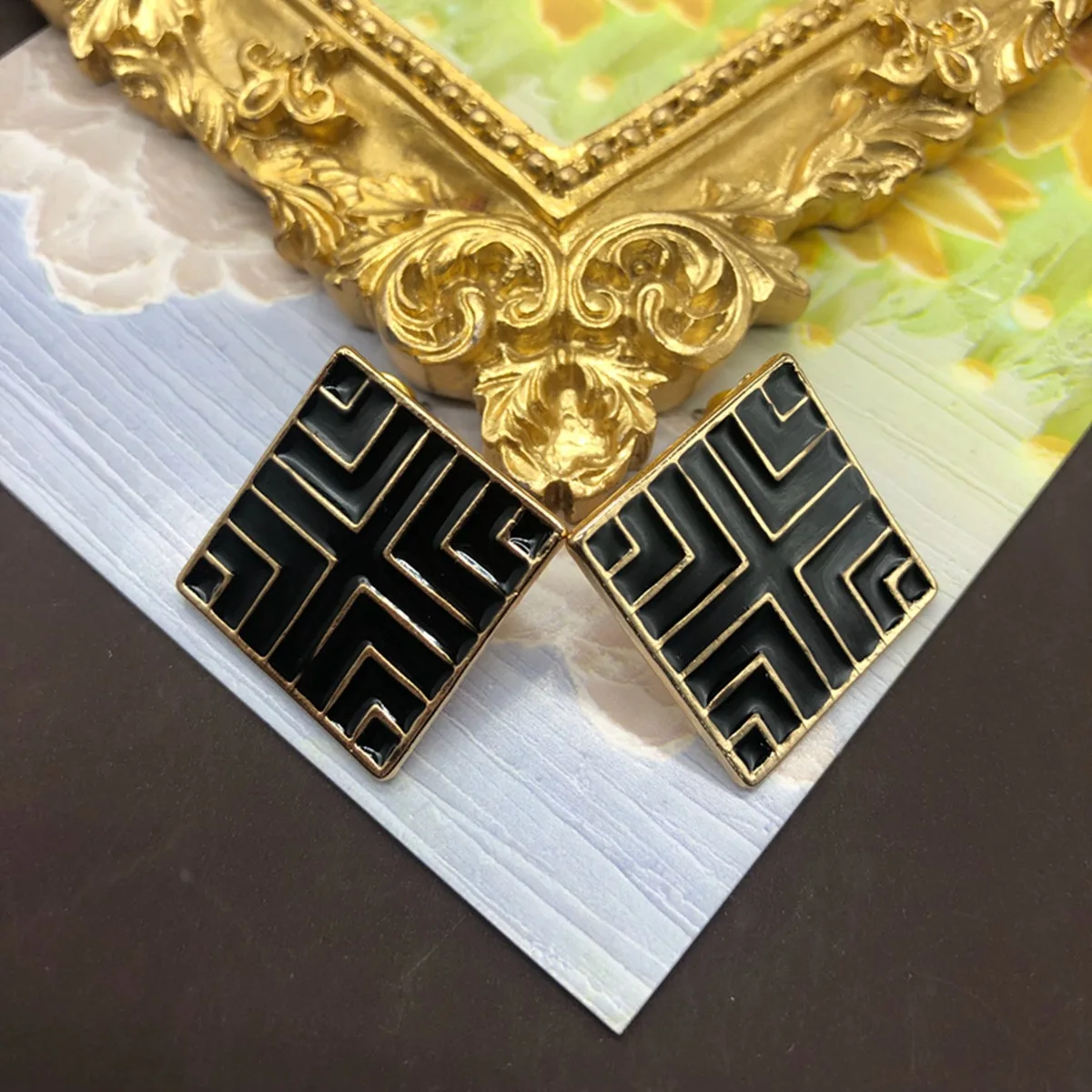 

Black enamel classic square earrings