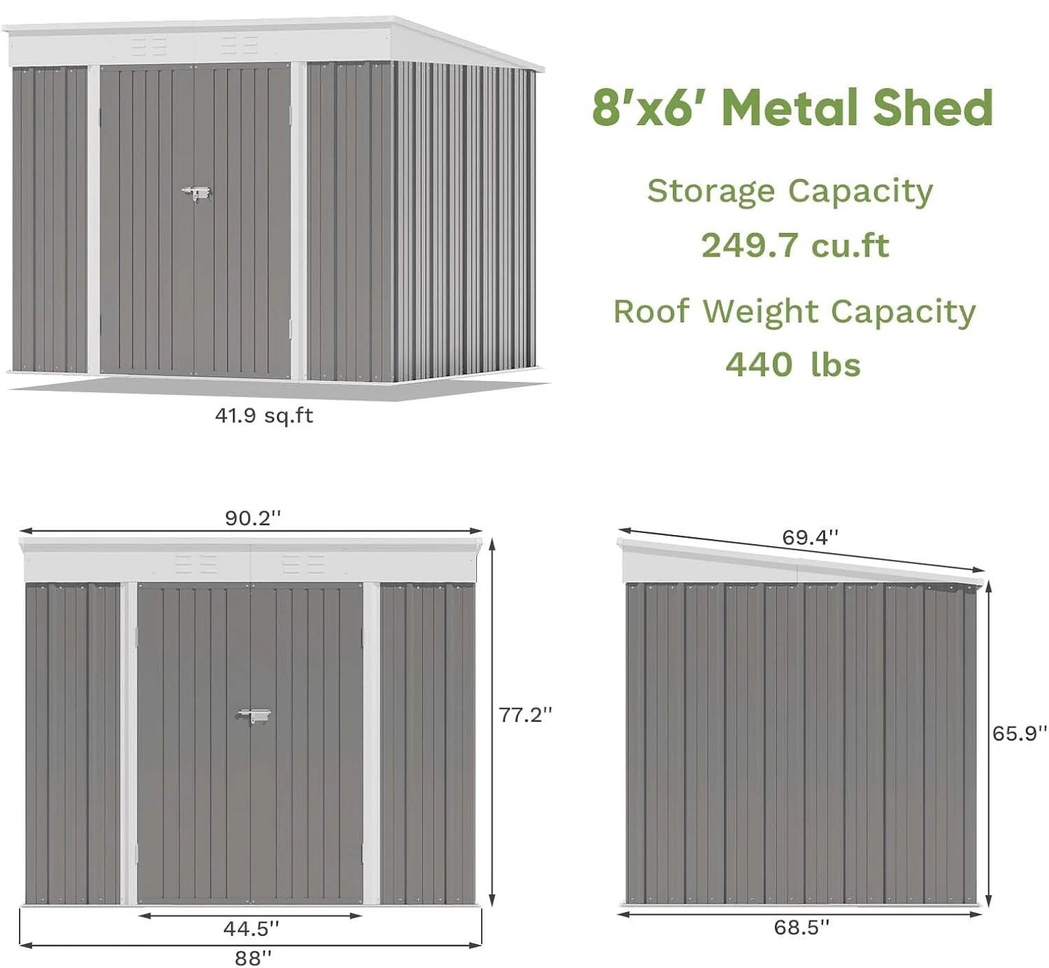 8' x 6' Metal Outdoor Storage Shed – Equipped with Vents and Lock, Galvanized Steel Construction Ensures Water-Resistance ,Gray