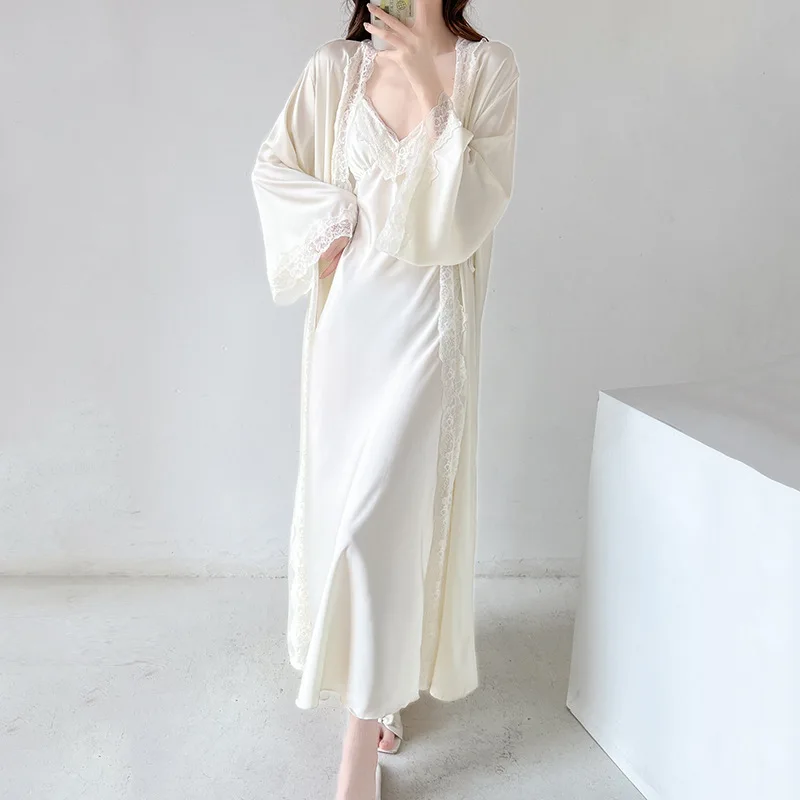 Women Sundress Dress Home Sleepwear Long Bathrobe Palace Loungewear Nightdress Lace Sexy French Princess Nightgown two-piece