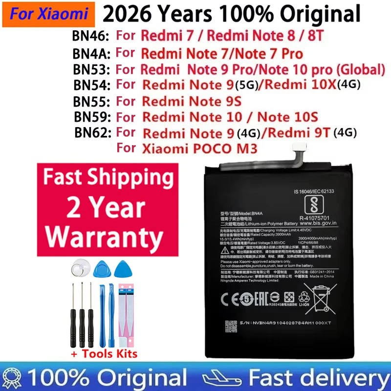 2026 Years 100% Original BN62 BN53 BN59 Battery For Xiaomi Redmi Note 7 8 8T 9 9T 9S 10 10S 10X 4G 5G Pro POCO M3 Batteries
