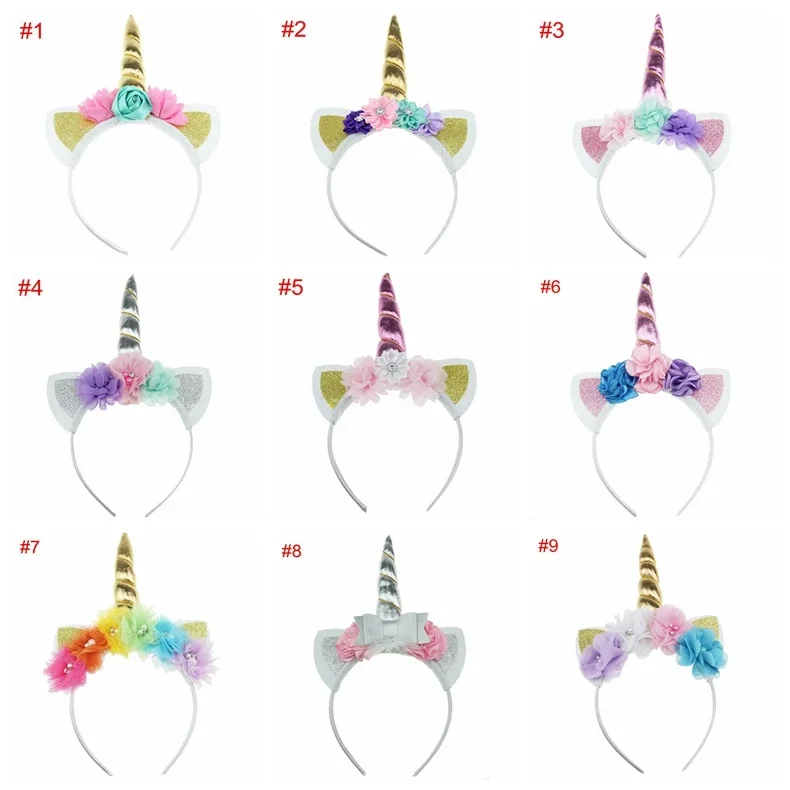 Handmade New Girls Unicorn Horn Hairband Chiffon Mesh Flowers Children Headwear Birthday Gifts Photo Props Hair Accessories