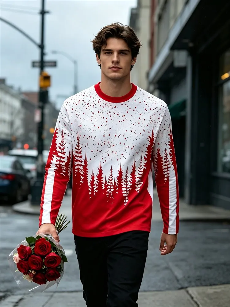 Camiseta de manga larga para hombre con estampado de pino, camiseta gráfica de bosque rojo y blanco, ropa de calle de invierno, tops informales tipo jersey, regalo, novedad 2026