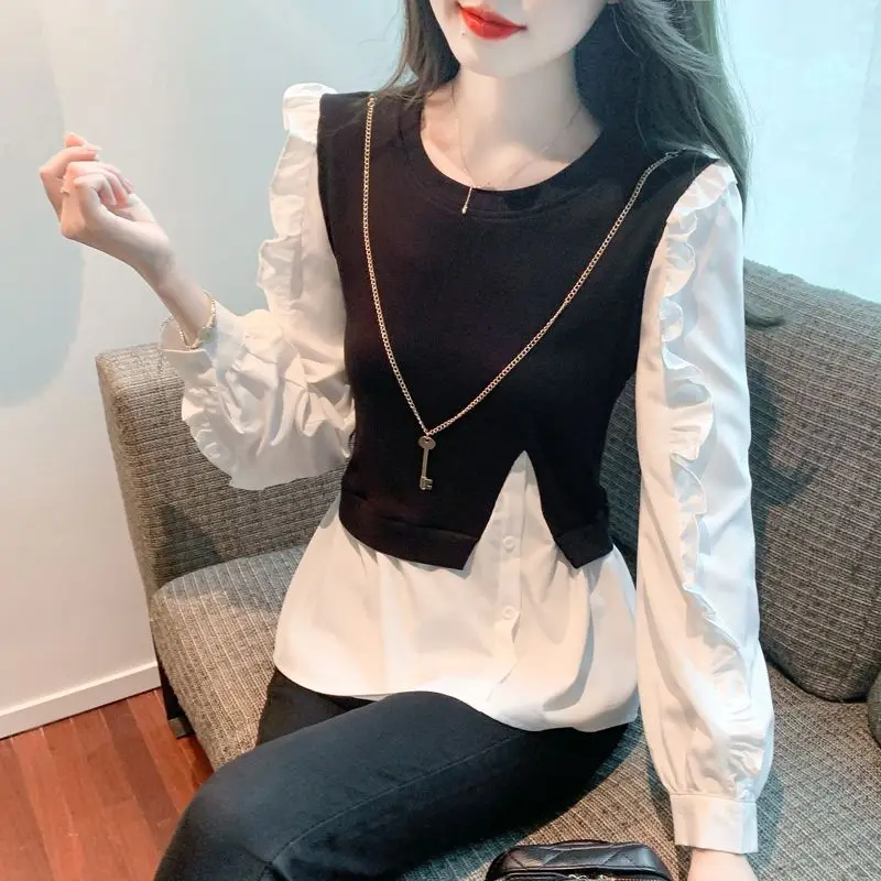 Fake Two Piece Patchwork Contrast Blouse Spring Autumn New Long Sleeve Pleated Elegant Shirt Tops Fashion Korean Women Clothing