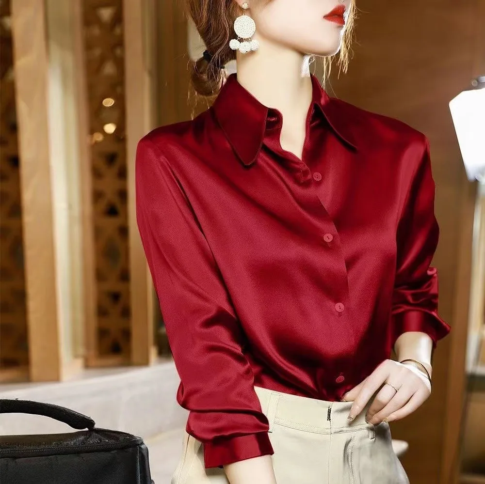 Fashion Button Up Satin Silk Shirt Vintage Blouse Women Tops Lady Long Sleeves Loose Street Shirts Female Elegant Office Blusa