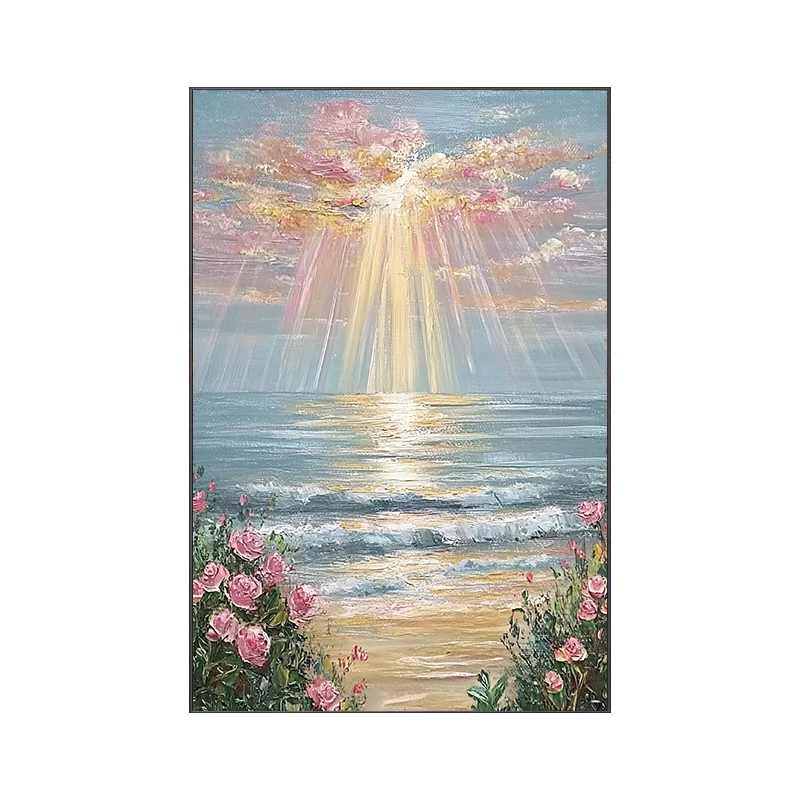 

Sea view hand-painted oil painting, pink rose porch decorative painting, modern simple dawn living room