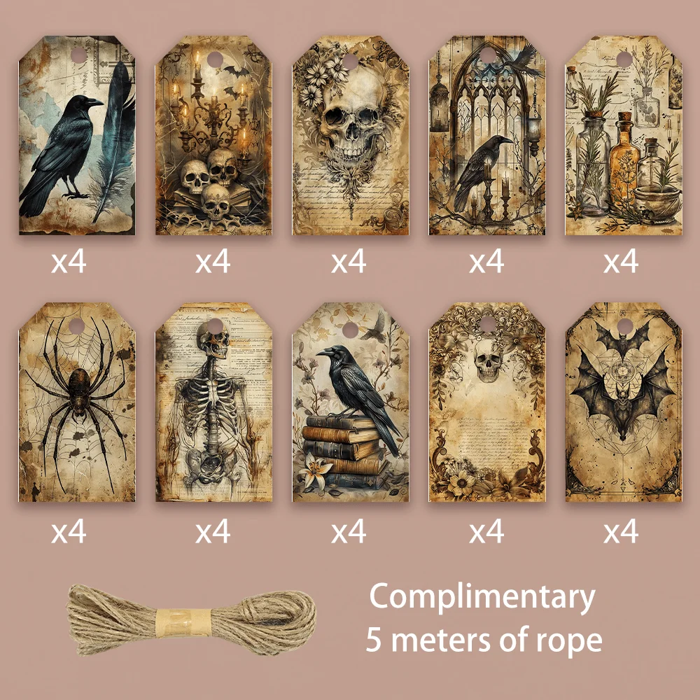 40pcs, Gift Tags, Dark Gothic Raven Skull Art, Hanging Paper Labels for Gift Wrapping, Holiday Party Decor with String