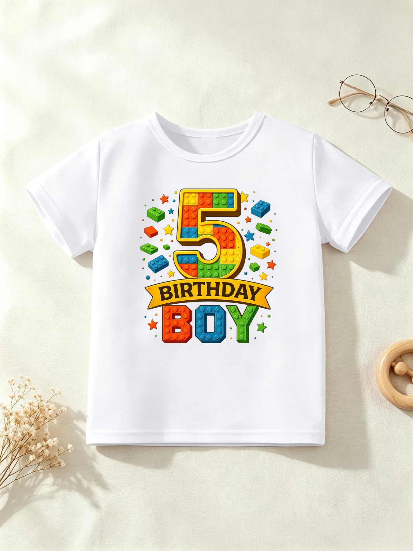 5th Birthday Boy Building Blocks Printed T Shirt Boys The Best Birthday Gift T-Shirt  Kids Clothes Summer Short Sleeve T-Shirt
