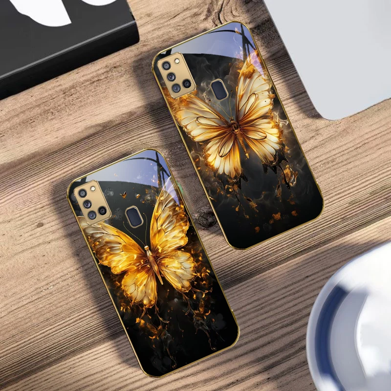 لهب فراشة دافئة لسامسونج A 31 32 A33 A34 35 14 A15 13 16 25 26 50 52 53 54 55 56 70 71 72 73 حافظة هاتف زجاجية ذهبية