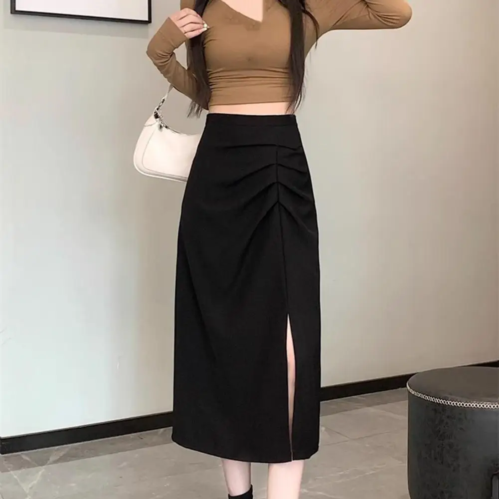 

Solid Color Loose Fit Skirt Stylish Women's Midi Skirts High Waist A-line Design Side Slit Shirring Hip Wrap Plaid for Work