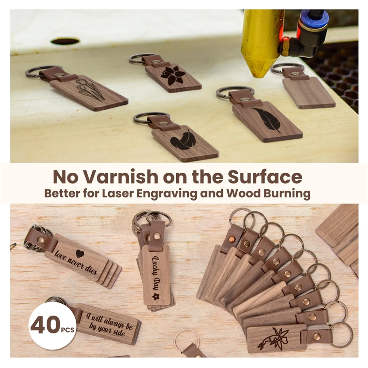 40 Pieces Wood Keychain Blanks with Leather Straps, Blank Leather Keychains for Engraving, for DIY Various Key Tags