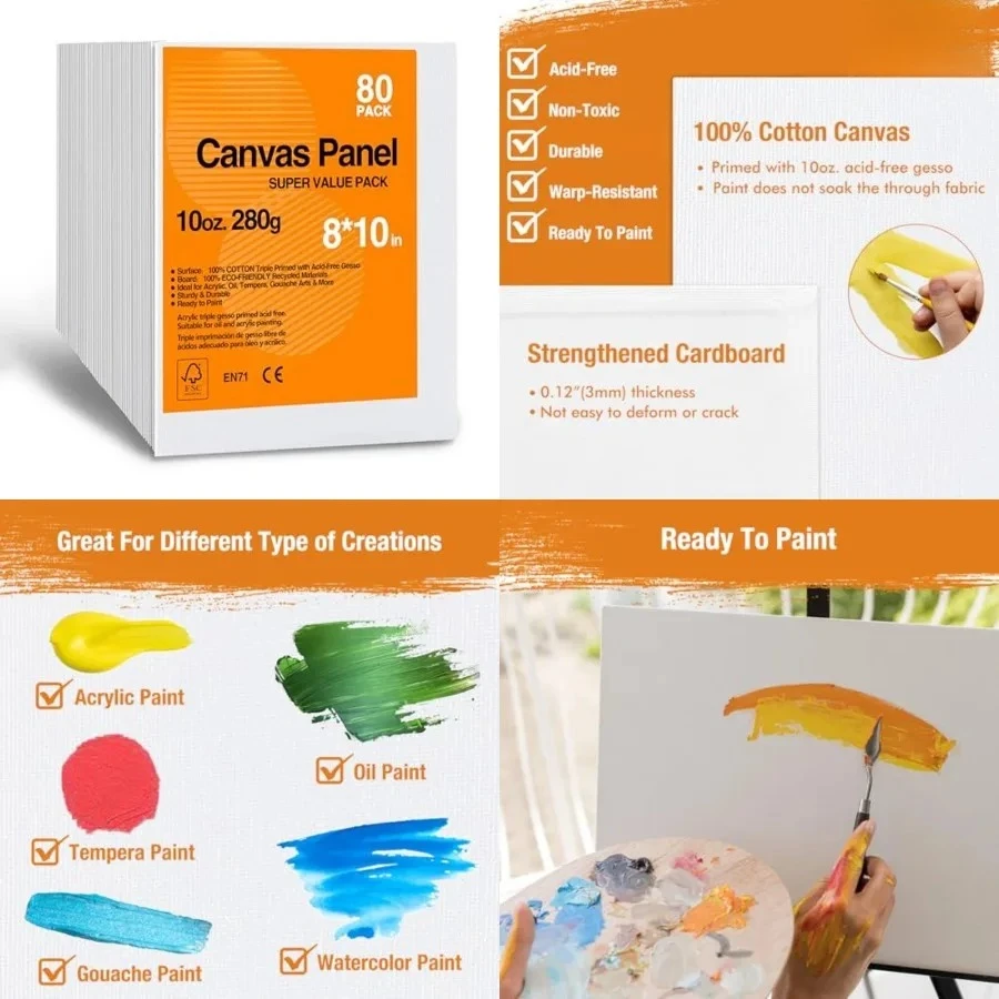 

Canvas Boards for Painting 8x10 Inch, 80-Pack Bulk Canvas Value Pack - Art Supplies Blank Paint Canvas Panels for Acrylic, Oil, Watercolor, Tempera, Gouache