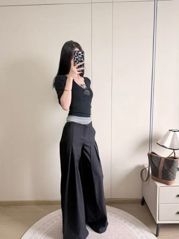 Color Block Fake Two-Piece Shoulder Length Five-Sleeve Women's T-Shirt Slim Fit Short Style Pure Color Spring Autumn Top