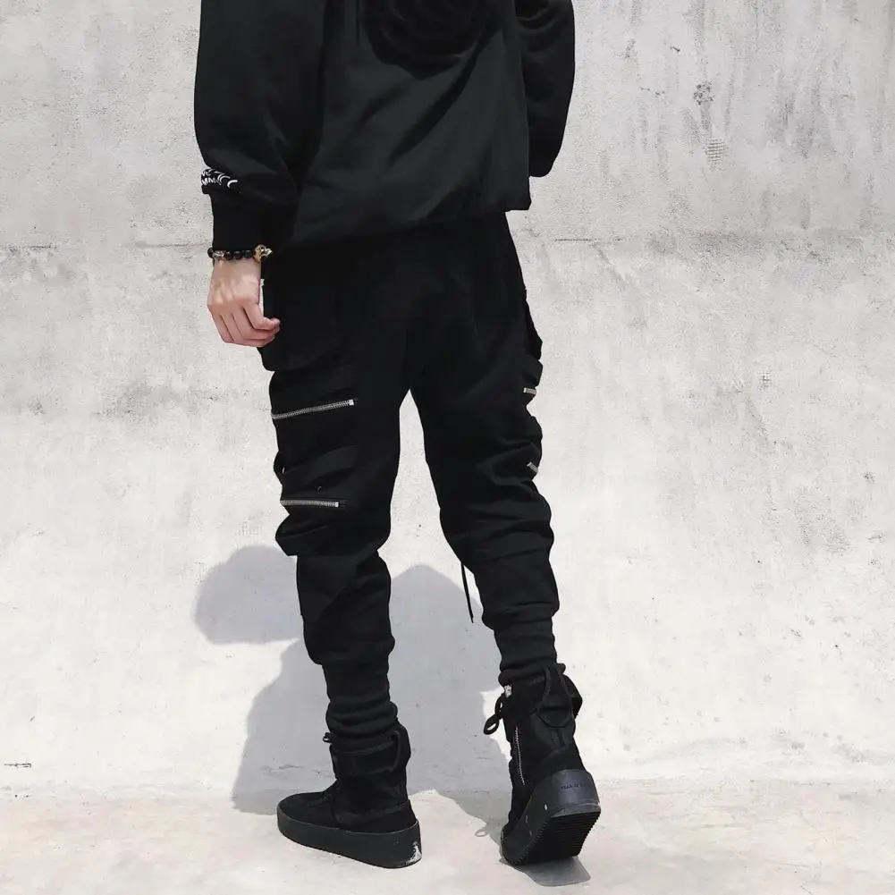 Solid Color Men Pants Reinforced Pocket Seams Pants Hip Hop Streetwear Men's Cargo Pants with Zipper Decor Ankle for Outdoor