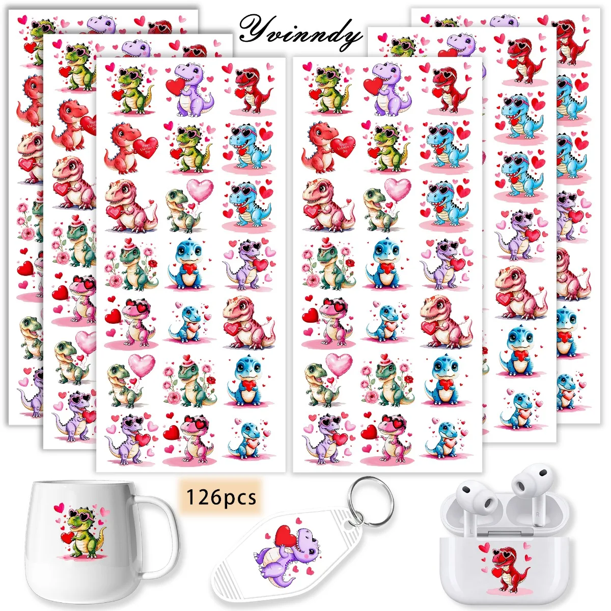 UV-DTF-Transferfolien-Aufkleber 126 Sets Valentinstag Herzförmige Dinosaurier UV-DTF-Aufkleber