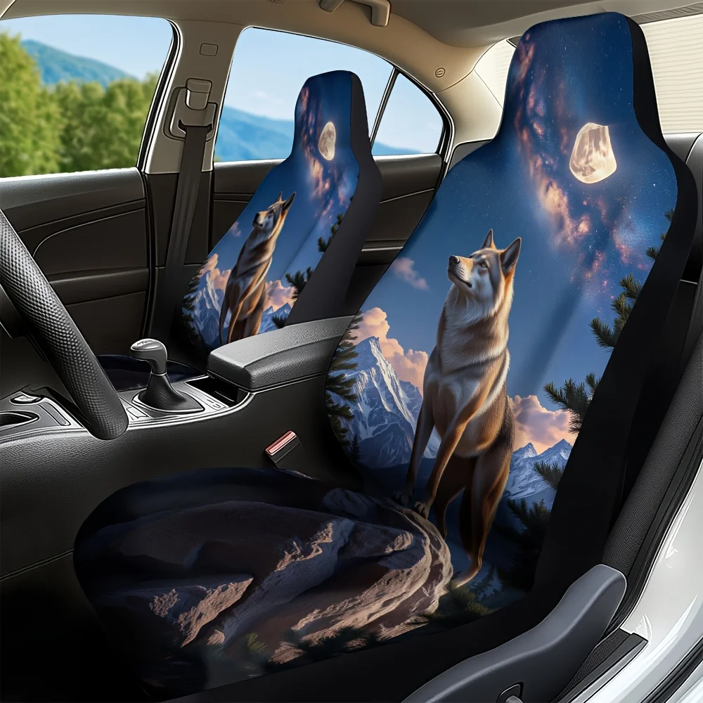 2pcs, Trendy Majestic Wolf Mountain Night Stars Print Front Seat Covers, Soft And Comfortable, Compatible With Most Sedan And SU