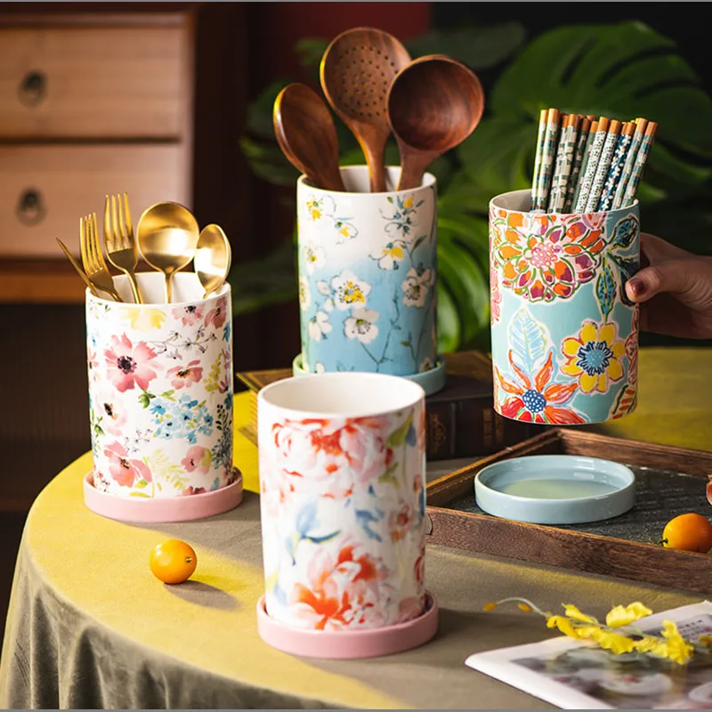 Creative Painted Chopsticks Tube Ceramic Drain Knife Fork and Spoon Storage Jar Home Flower Decoration Jar Kitchen Storage Box