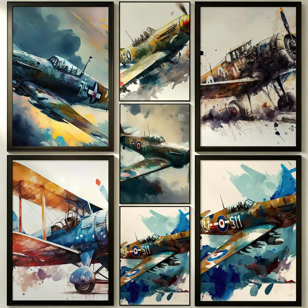 art War Plane Watercolor Poster HD Poster Sophisticated Modern Aesthetic Wall Art For Living Room Bedroom Office Cafe Decor