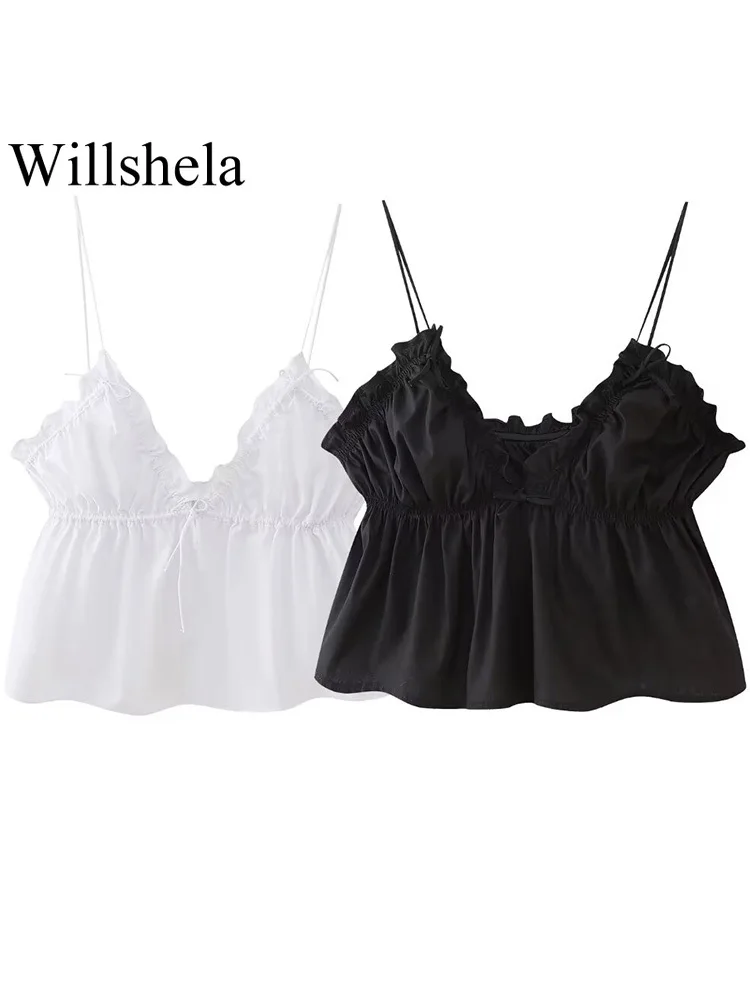 Willshela Women Fashion White Pleated Backless Bow Lace Up Cropped Tops Vintage Thin Straps V-Neck Female Chic Lady Crop Top