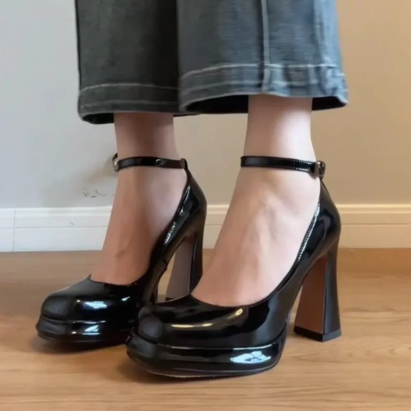 Super High Heel Single Shoes Autumn New Square Toe Patent Leather One-Strap Platform Non-Slip Block Heel Shoes