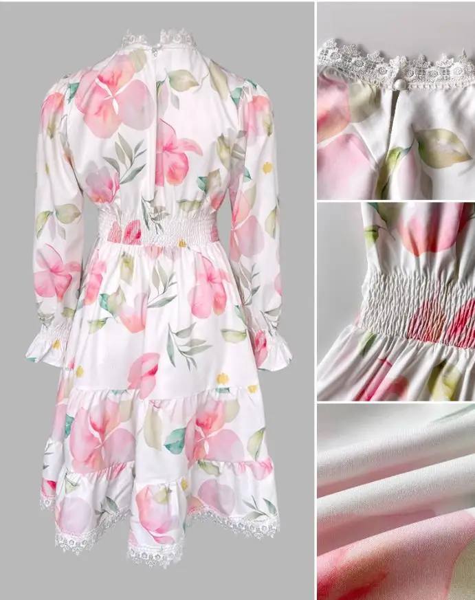 Vestido de manga comprida com estampa floral, detalhes em renda, design em camadas, gola alta, ideal para ocasiões diárias e casuais