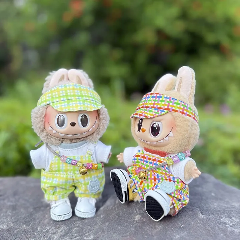

Suitable for 17cm labubu doll animal color plaid overalls mini DIY clothes accessories fashion set cute white shirt hat necklace