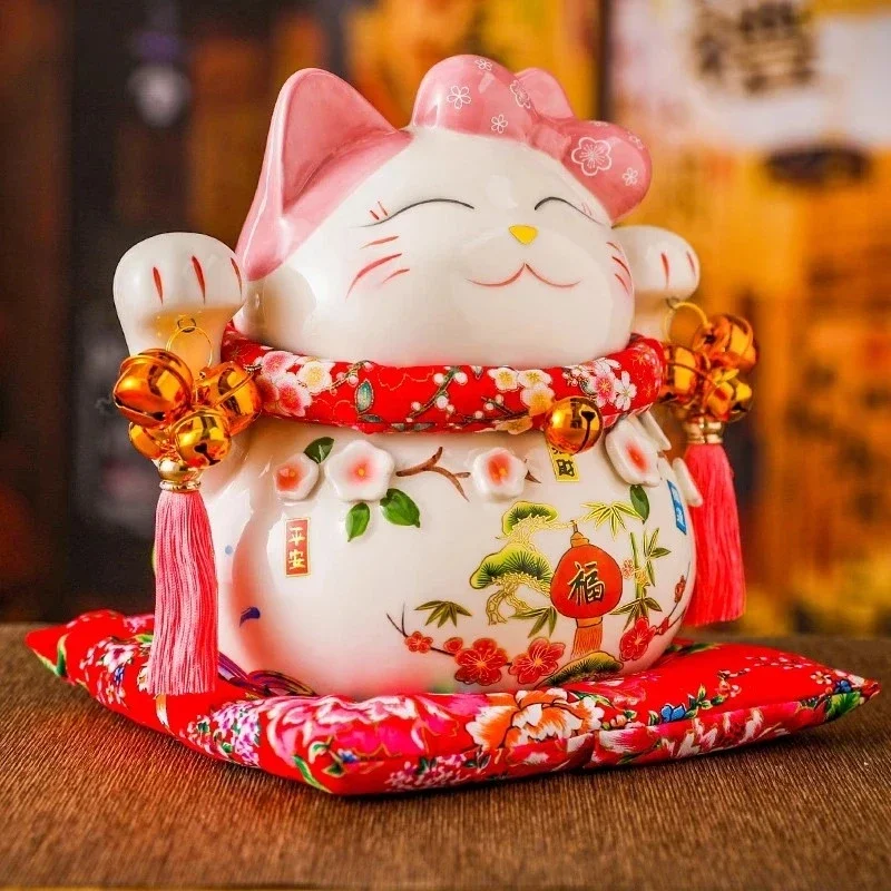 Japanese Ceramic Maneki Neko Lucky Cat Statue Porcelain Pink Fortune Cat Money Box Auspicious Fengshui Ornament Home Decoration