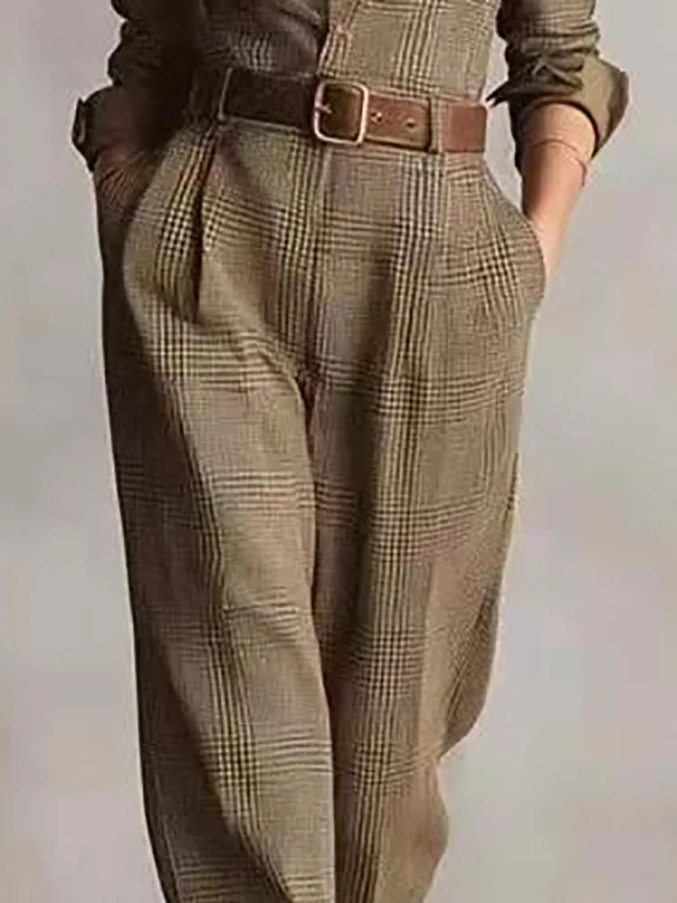 

Autumn Long Sleeved Button Design Jumpsuit Office 2025 Casual Pocket Cargo Pants Playsuit Retro Plaid Printed High Waist Romper