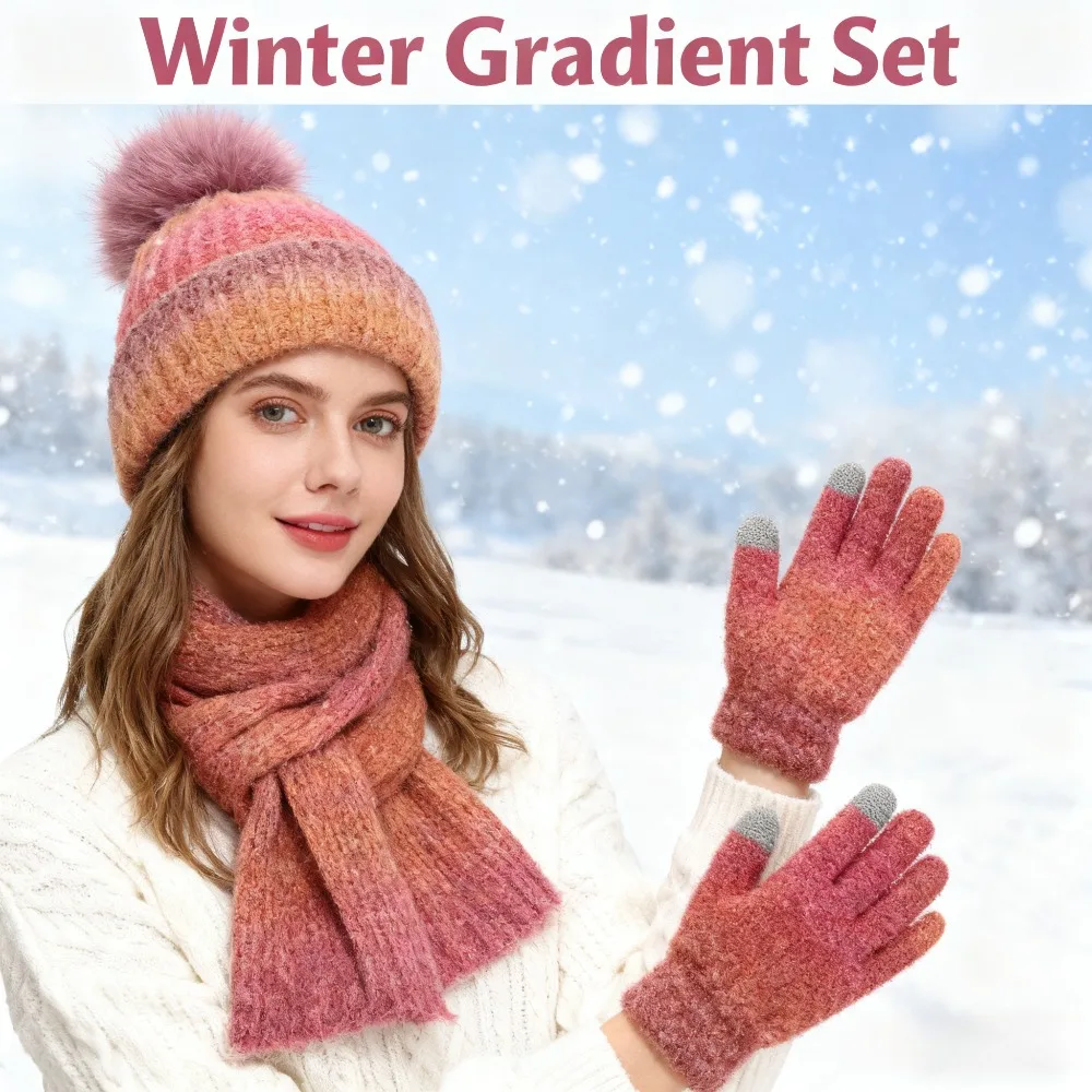 Conjunto de 3 peças de lã tie-dye com pompom, chapéu de malha, cachecol, luvas