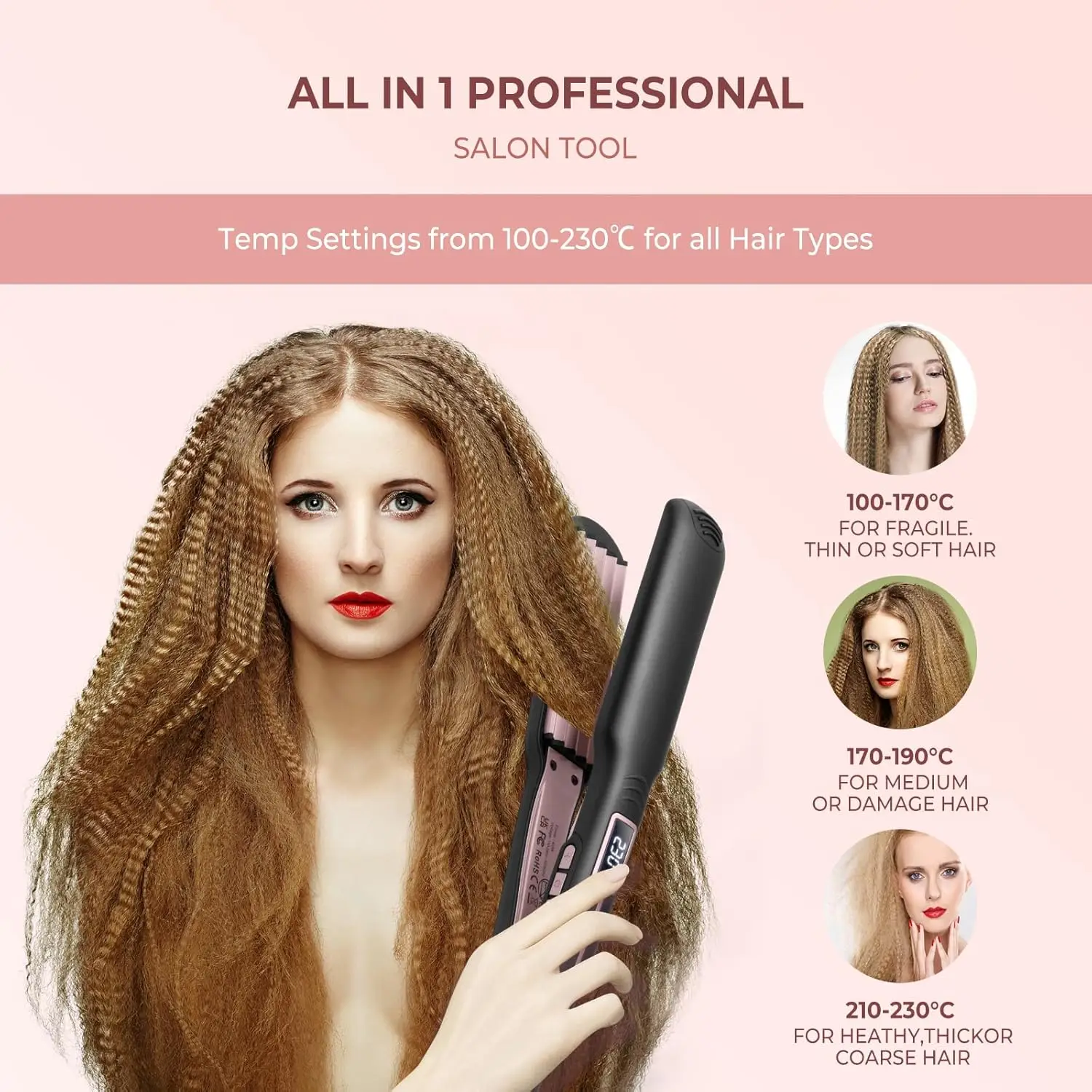 Ferro de crimpagem cerâmico ptc para cabelo, ferramenta de crimper de viagem para cabelo com temperatura ajustável e display lcd