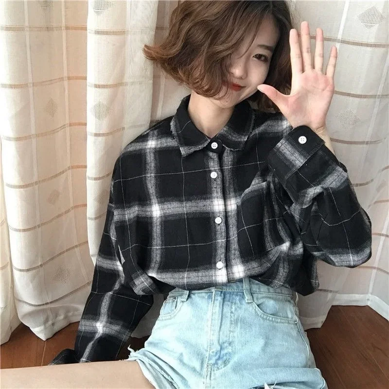 

Рубашки женские стильные повседневные универсальные клетчатые Bf однобортные повседневные студенческие корейские версии осенние женские топы уличная одежда шикарные