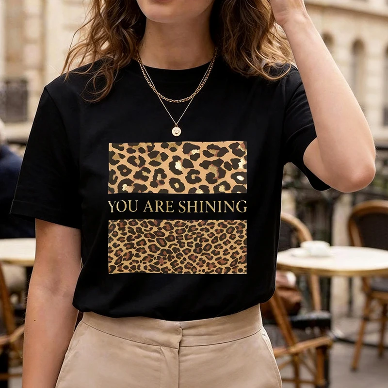 Summer Leopard Women's T Shirt with Letter Your Are Sunshine Print Crew Neck Short Sleeve T-Shirt Vintage Female Clothes Girls