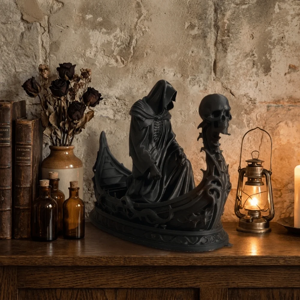 Gothic Style Grim Reaper Statue Resin Lightweight Skeleton Figurine Hooded Skeleton Mysterious Design Death God Decoration