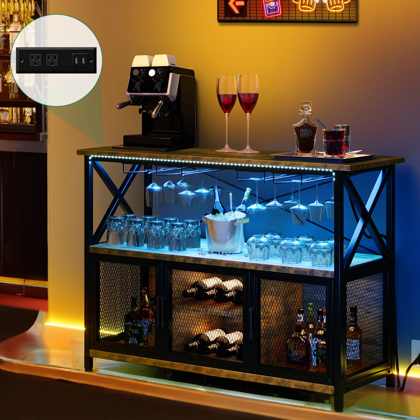 

47" Wine Bar Cabinet Liquor Storage Display w/ RGB LED Light
