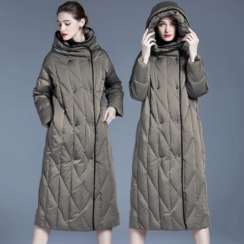 Nueva chaqueta de plumón larga de gran tamaño para mujer, chaqueta acolchada por encima de la rodilla, abrigo de invierno grueso con capucha de plumón de pato blanco, abrigos acolchados
