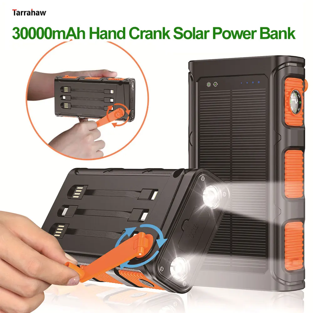 30000mAh Solar Power Bank PD20W External Battery Fast Charging Powerbank for iPhone 13 Huawei Xiaomi Portable Hand Crank Charger