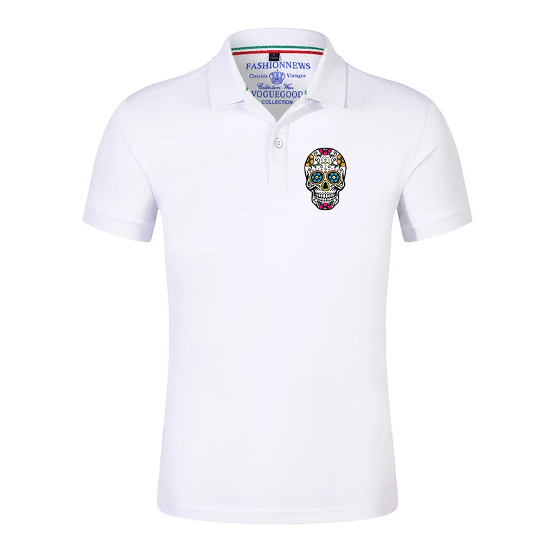 Man's Colorful skull pattern Logo Print Oversized Polo 2025 Summer 95% Cotton Breathable Short Sleeve Collar Business Shirt