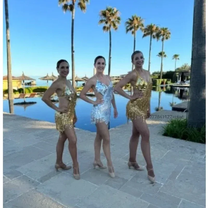 

Платье для латинских танцев, платье с кисточками, праздничный танцевальный костюм с блестками, сценический костюм, конкурс латинских танцев с открытой спиной