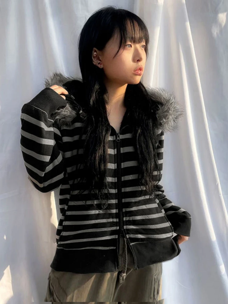 Y2k Korean Fashion Striped Hoodies Women Fur Patchwork Casual Loose Hooded Coat Grunge Double Zippers Sweatshirts Hoody Jacket