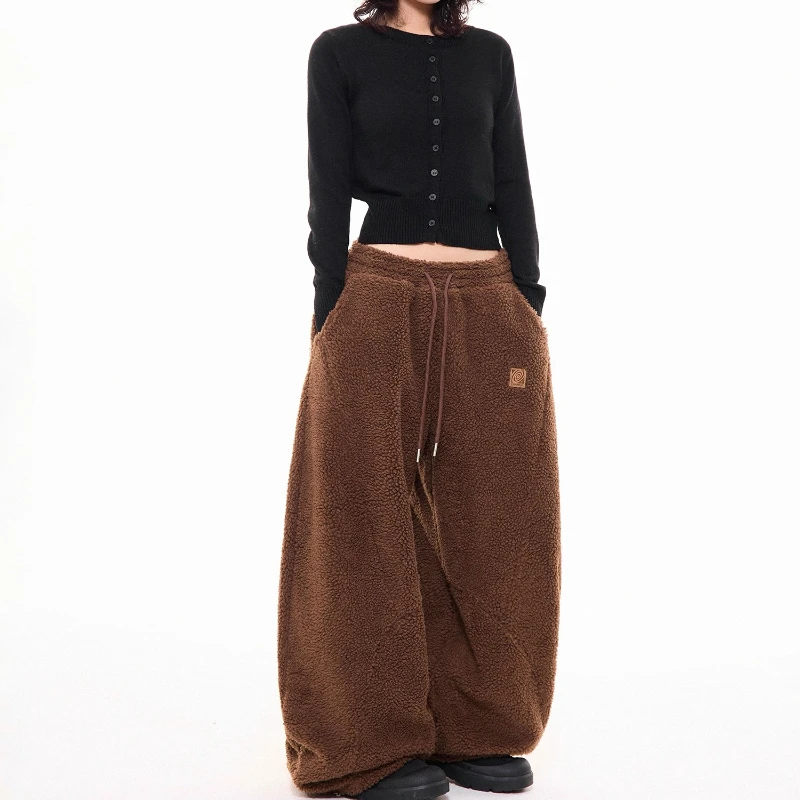 겨울 신상 양털 드로스트링 여성 캐주얼 팬츠 아메리칸 레트로 두꺼운 신축성 허리 루즈 와이드 레그 따뜻한 바지 여성용