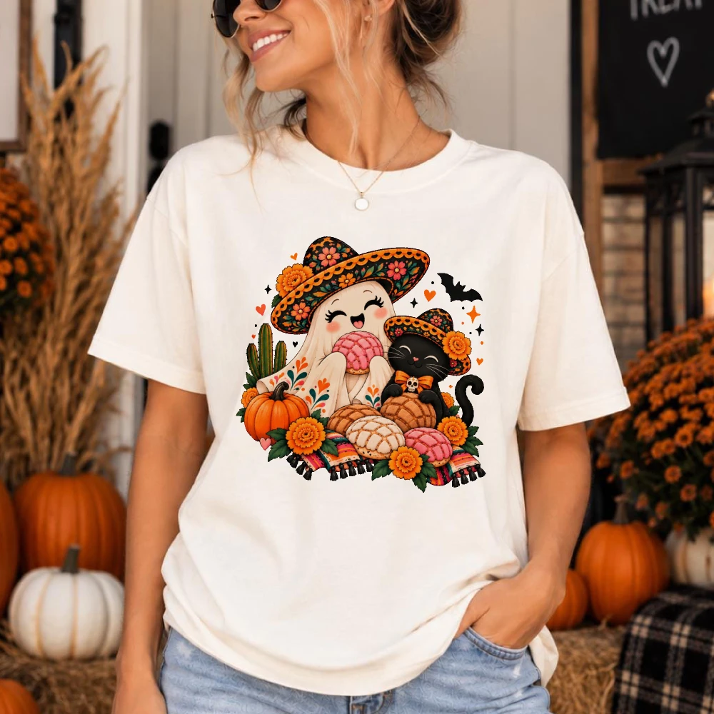 Mexican Halloween Ghost Black Cat Pan Dulce Printing Tshirt Día de los Muertos Spooky Sombrero Shirt Funny Festival Cotton Shirt